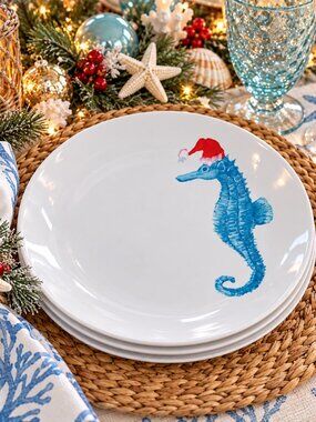 Sigrid Olsen Set of 8 Seahorse with Santa Hat Melamine Dinner Plates